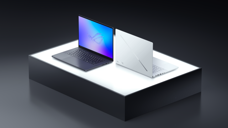 Modèle ASUS ROG Zephyrus G16 sur une plateforme illuminée.