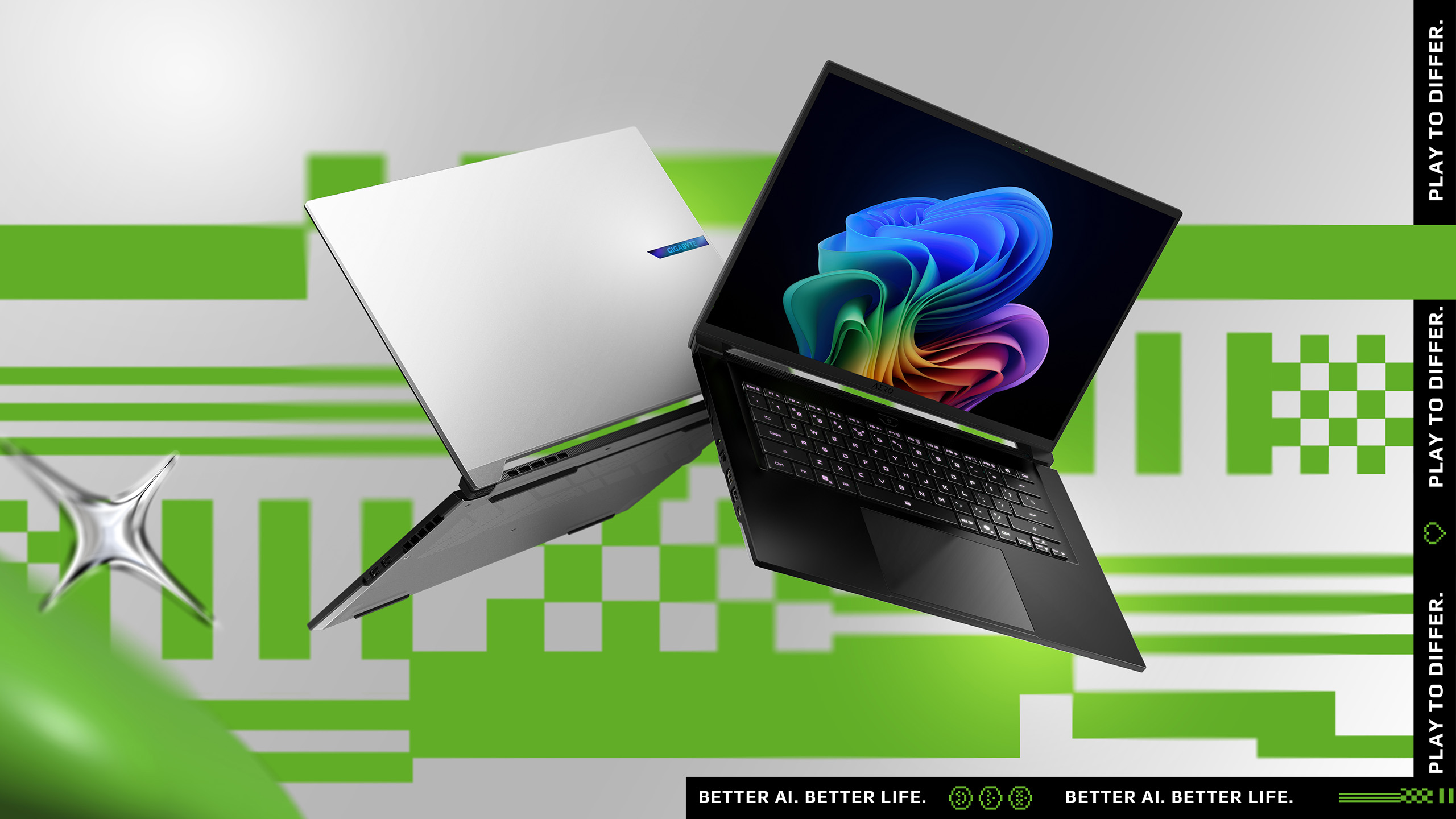 Deux ordinateurs portables GIGABYTE AORUS sur fond géométrique vert et gris, l'un affichant un design d'écran vibrant.