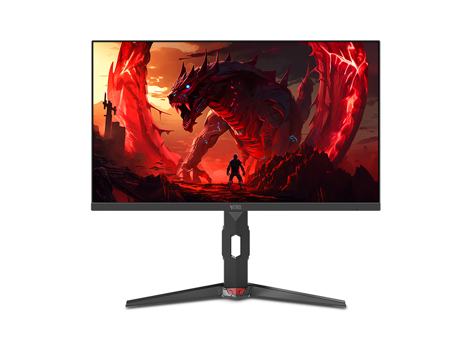 Un moniteur Acer Nitro affichant une scène de jeu fantastique avec un dragon de feu faisant face à un petit personnage armé.
