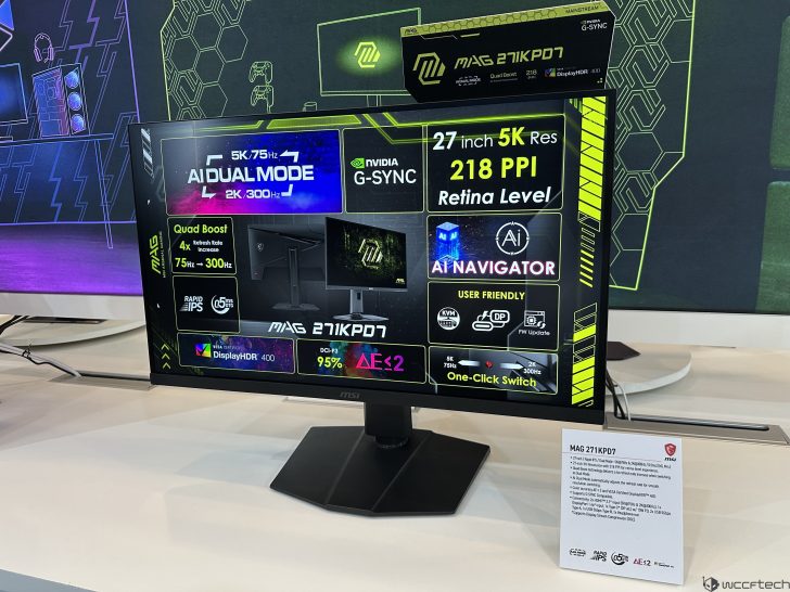 Moniteur MSI MAG 271KPD7 affichant spécifications tel que '5K 75Hz', '2K 300Hz'.