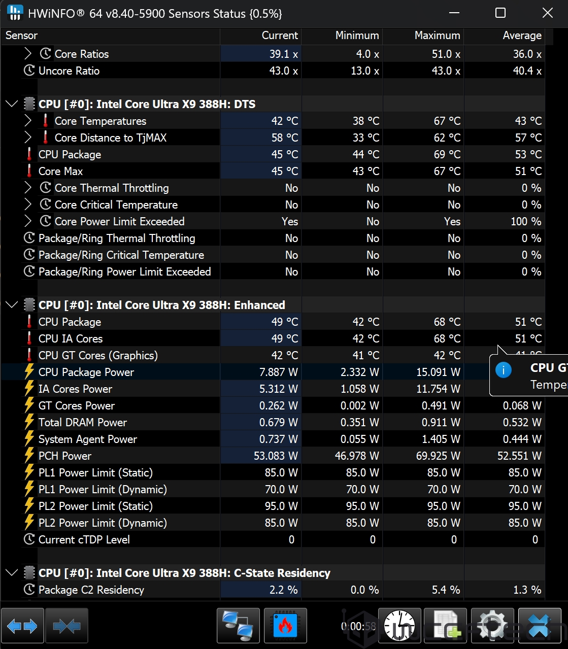 Statut des capteurs HWiNFO 64 pour le processeur Intel Core Ultra X9 388H, montrant des températures de cœur de 38°C à 67°C.