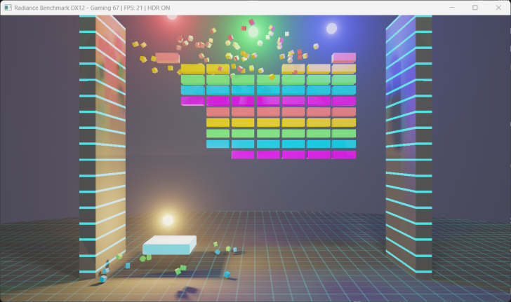 Capture d'écran montrant 'Radiance Benchmark DX12' avec un score, FPS et HDR activé.