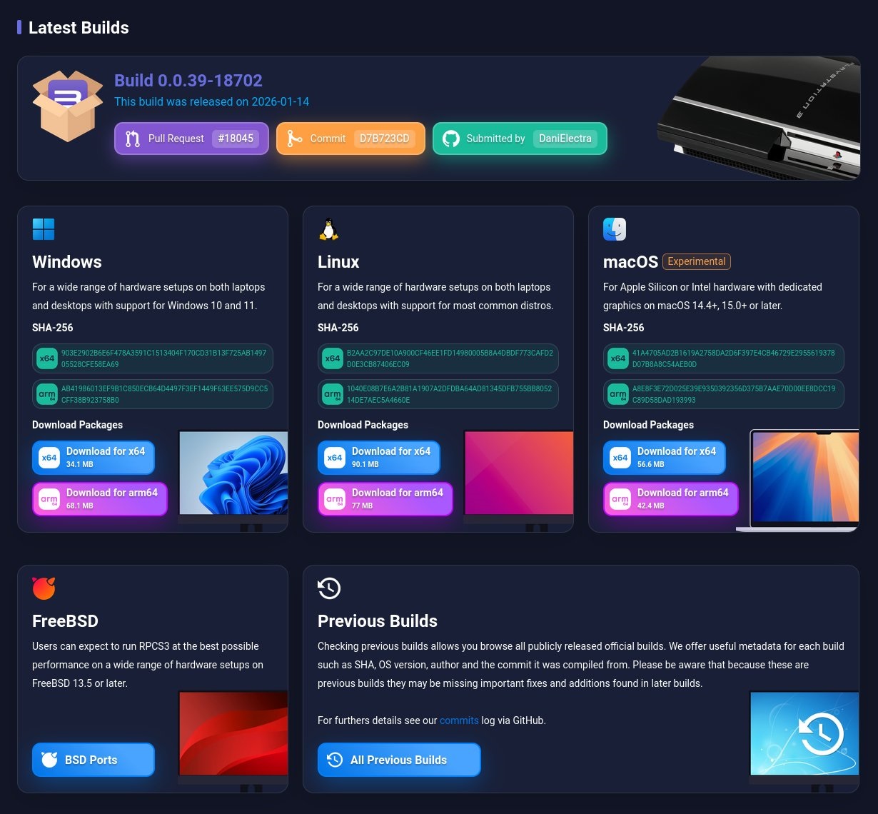 Page de publication avec des options de téléchargement pour différents systèmes d'exploitation.