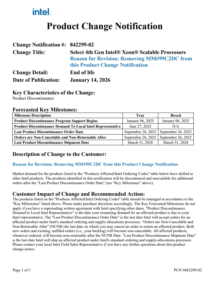 Notification de changement de produit Intel concernant la fin de vie des processeurs Xeon Scalable de 4e génération