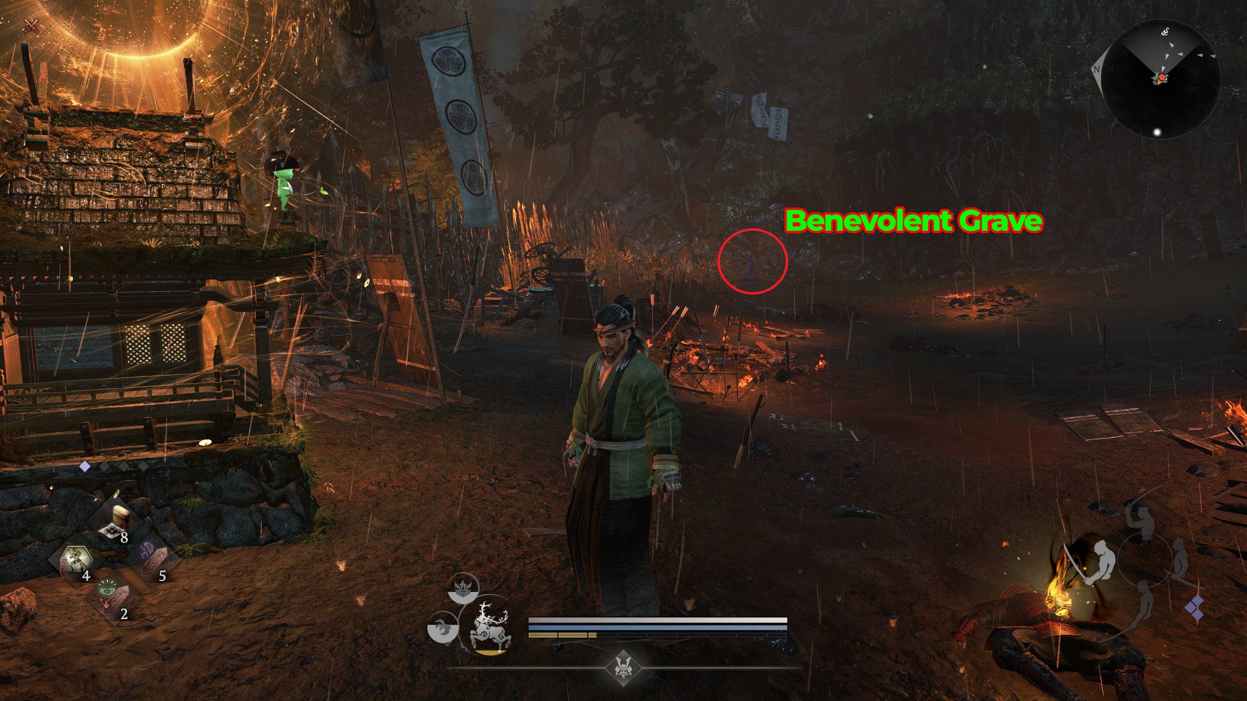 Un personnage dans 'Wo Long: Fallen Dynasty' dans un village dévasté avec le texte à l'écran 'Benevolent'.