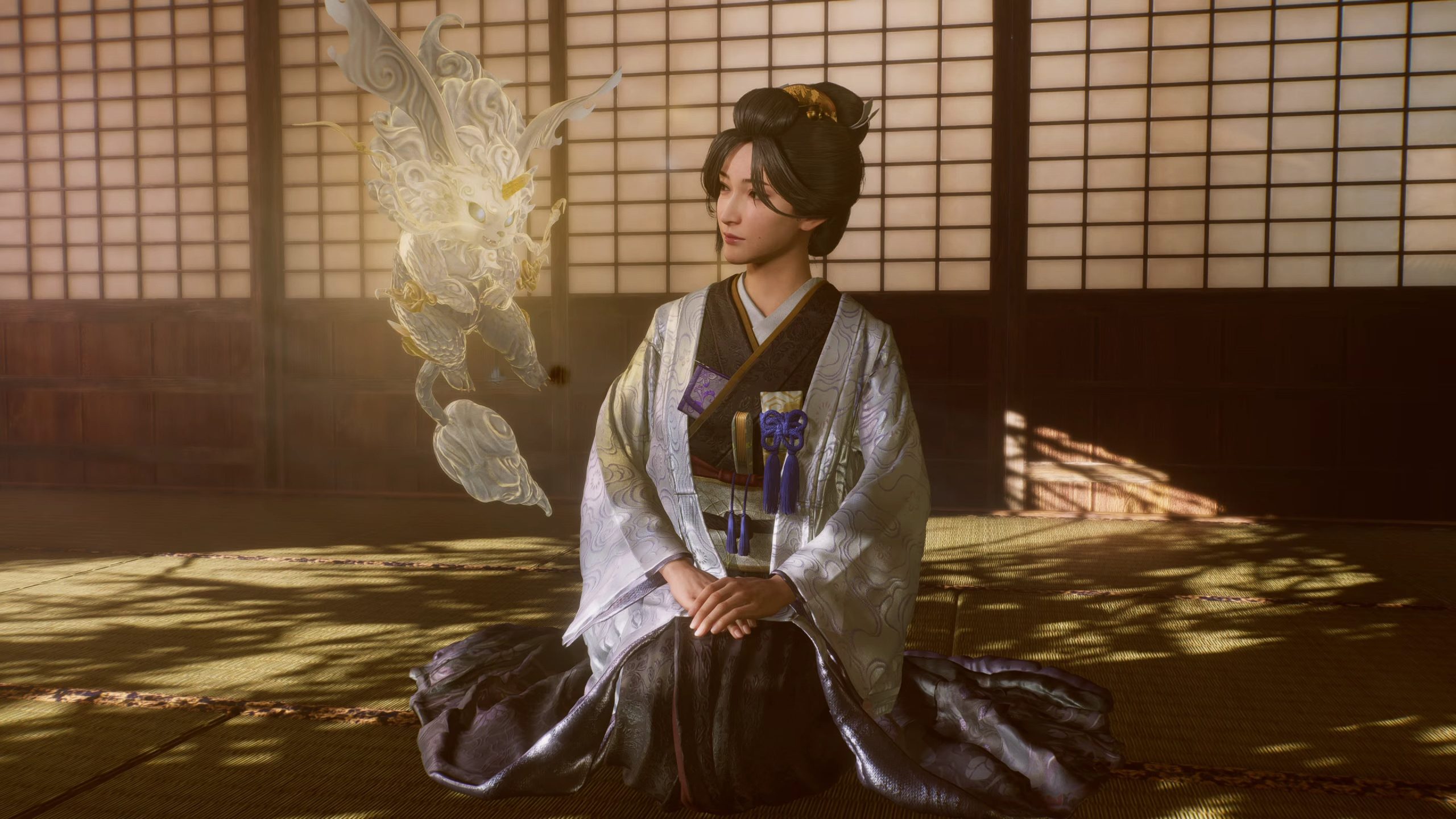 Un personnage en kimono traditionnel dans Nioh 3 avec un esprit flottant à proximité