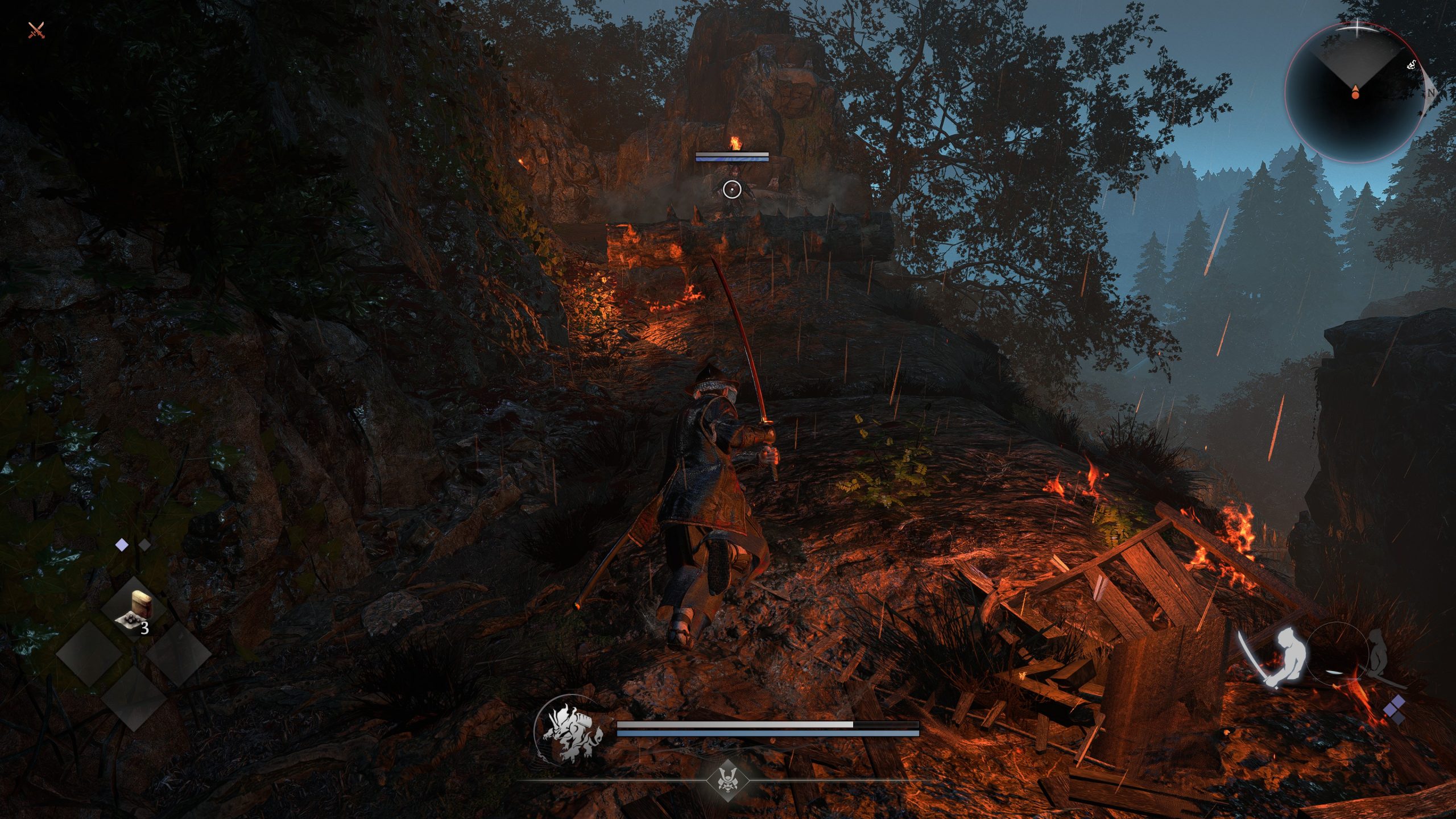 Un personnage dans Nioh 3 s'approche d'une fortification en pluie, avec une barre de santé visible