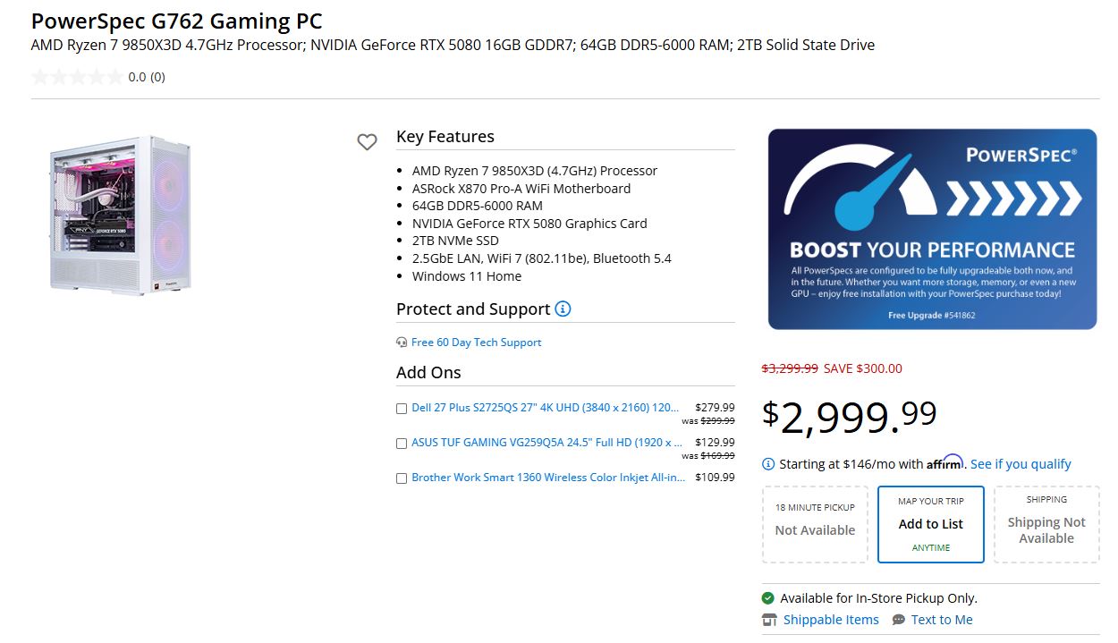 PC Gaming PowerSpec G762 équipé du processeur AMD Ryzen 7 9850X3D, avec carte graphique NVIDIA GeForce RTX 5080, 64 Go de RAM