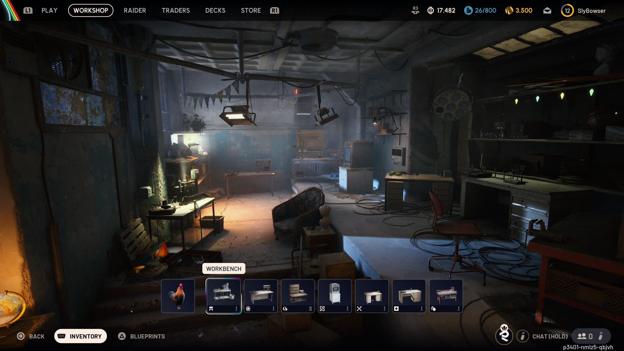 Un atelier dans le jeu avec un menu de sélection de 'WORKBENCH' en bas