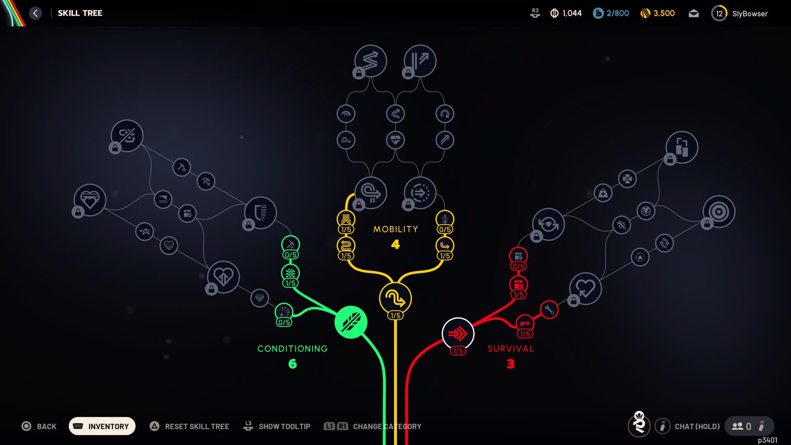 Interface d'un arbre de compétences avec des branches