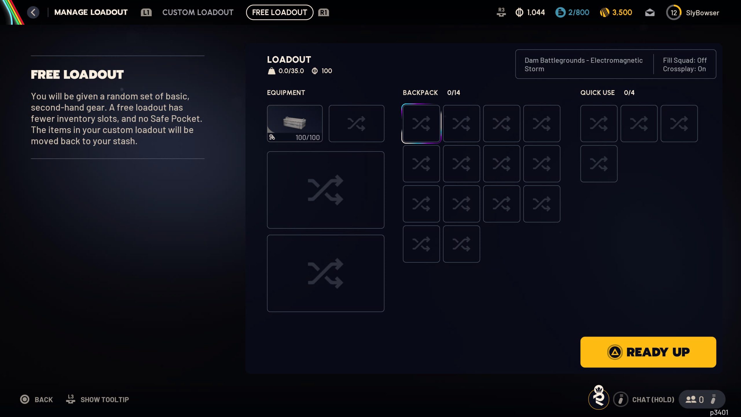 Écran de jeu montrant une 'Free Loadout'
