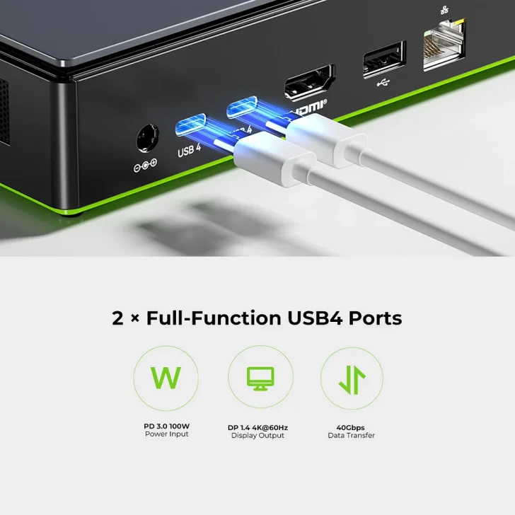 Gros plan sur un appareil avec deux ports 'USB 4'.