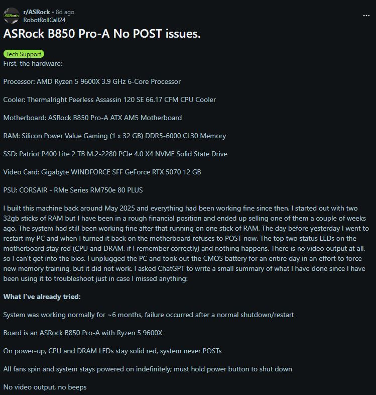 Un post Reddit intitulé 'ASRock B850 Pro-A No POST issues' détaille une configuration matérielle incluant un processeur AMD Ryzen 5 9600X