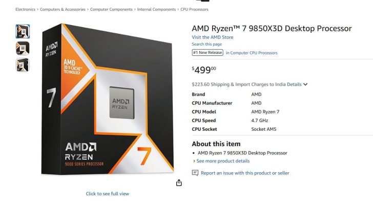 Processeur AMD Ryzen 7 9850X3D avec une vitesse CPU de '4,7 GHz', au prix de 499 €, avec AMD 3D V-Cache