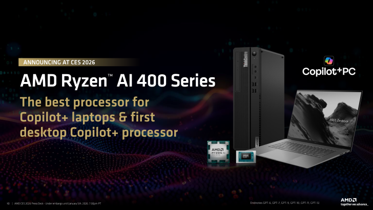 Annonce de la série 'Ryzen AI 400' d'AMD au CES 2026, présentant des images de produits Lenovo et ASUS.