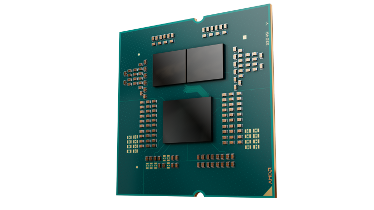 Processeur AMD vue de près avec composants visibles et logo AMD.