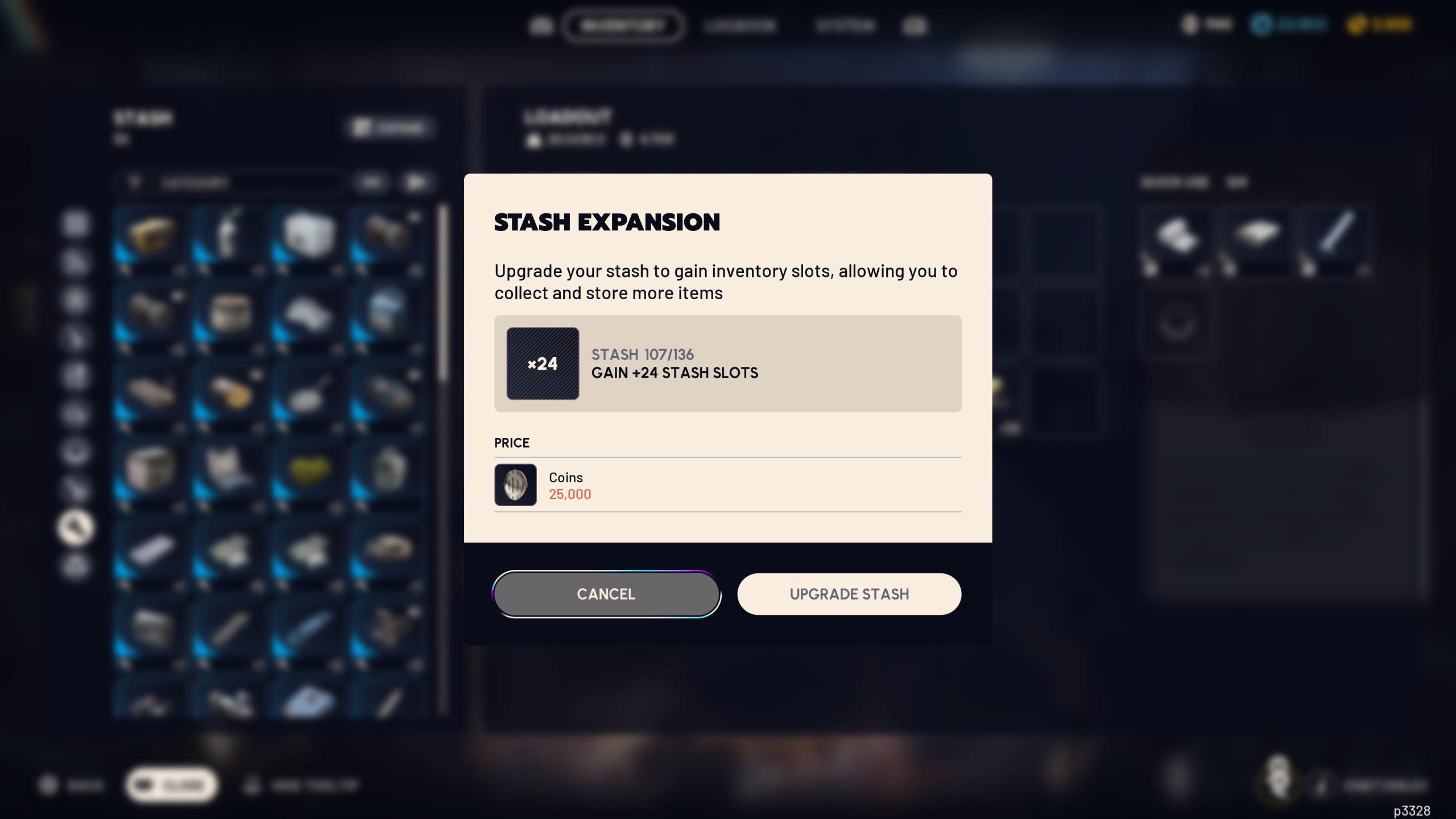 Un menu de 'Stash Expansion' dans le jeu offrant 'GAIN +24 STASH SLOTS' pour 'Coins 25,000'