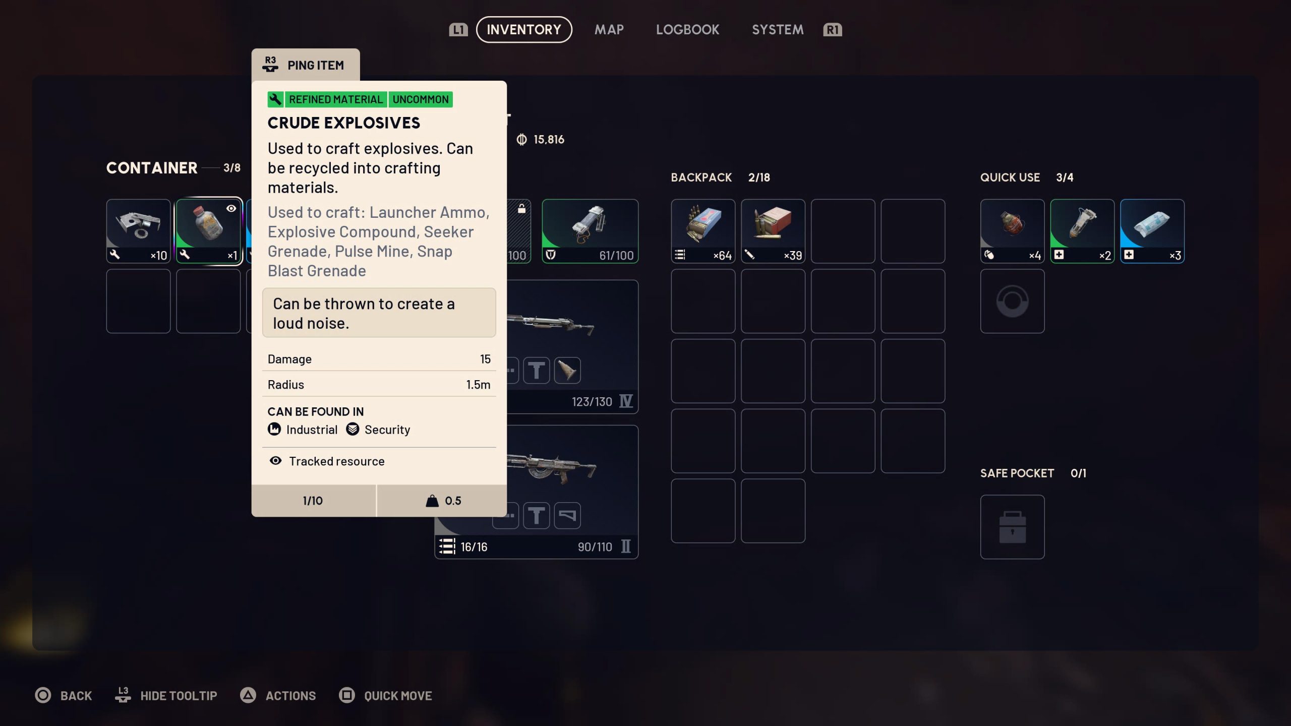 Écran d'inventaire du jeu 'ARC Raiders', montrant des détails sur les 'Explosifs Bruts'.