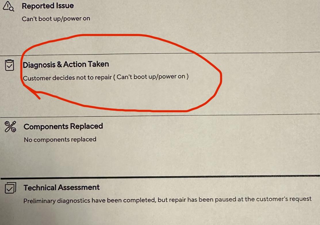 Capture montrant la section 'Diagnostic & Action Entreprise' entourée avec l'indication que le client décide de ne pas réparer.