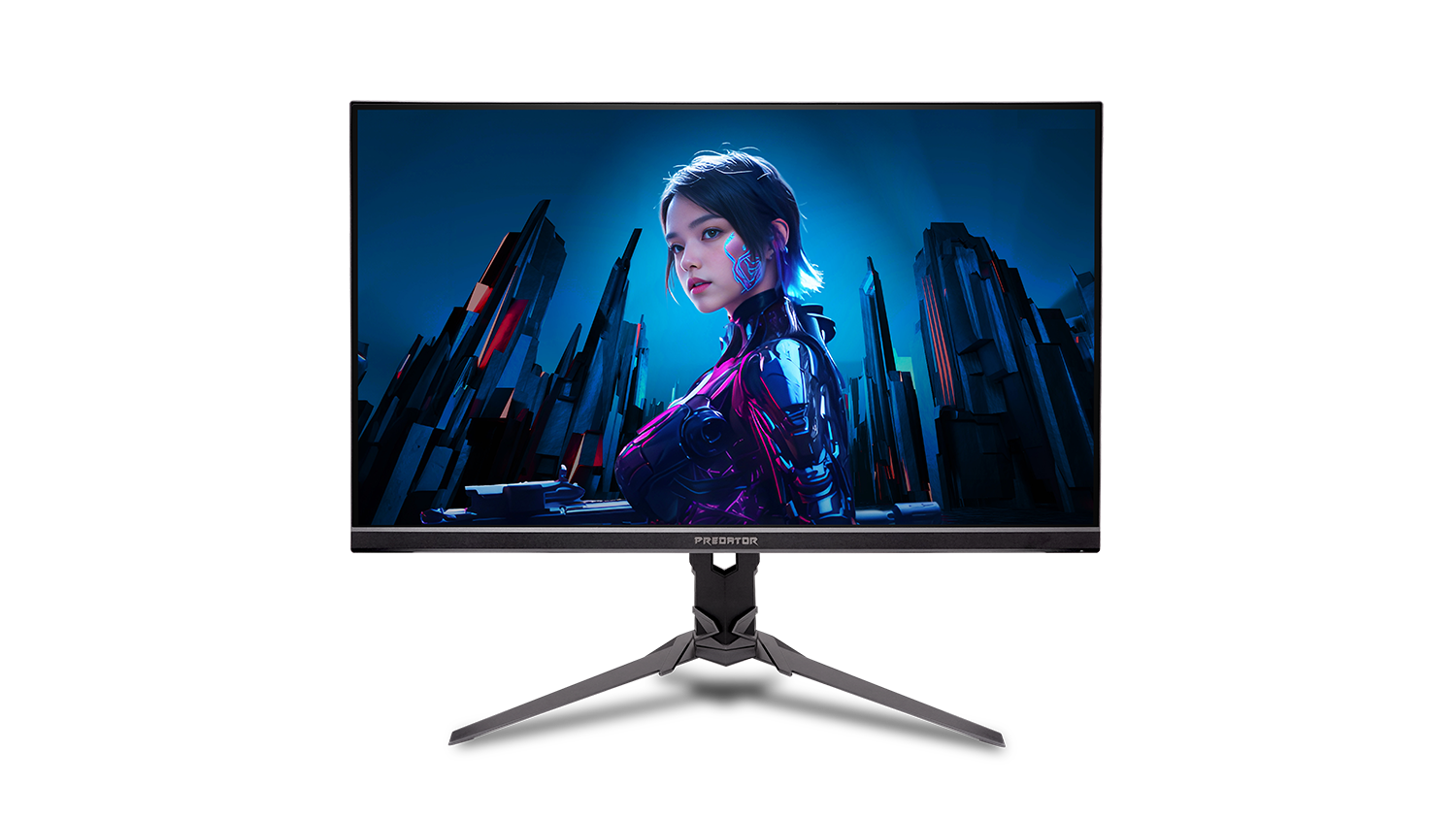 L'écran Acer Predator LB3 affichant un personnage futuriste dans un paysage urbain coloré.