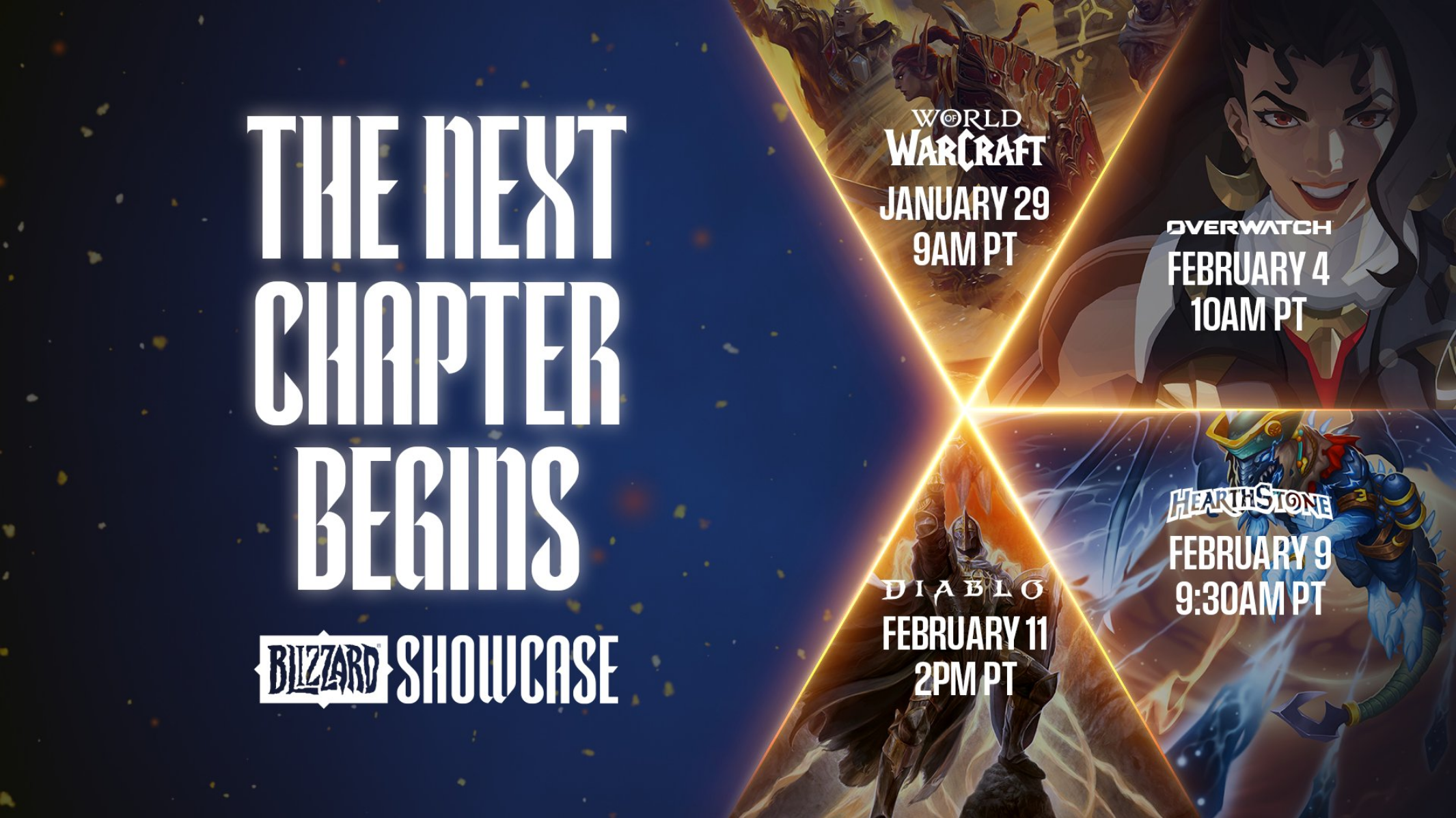 Text in white on left side reads 'the next chapter begins' above words entertainment with dates for showcases video games world of warcraft hearthstone overwatch and diablo shown in triangle cut outs on right side.