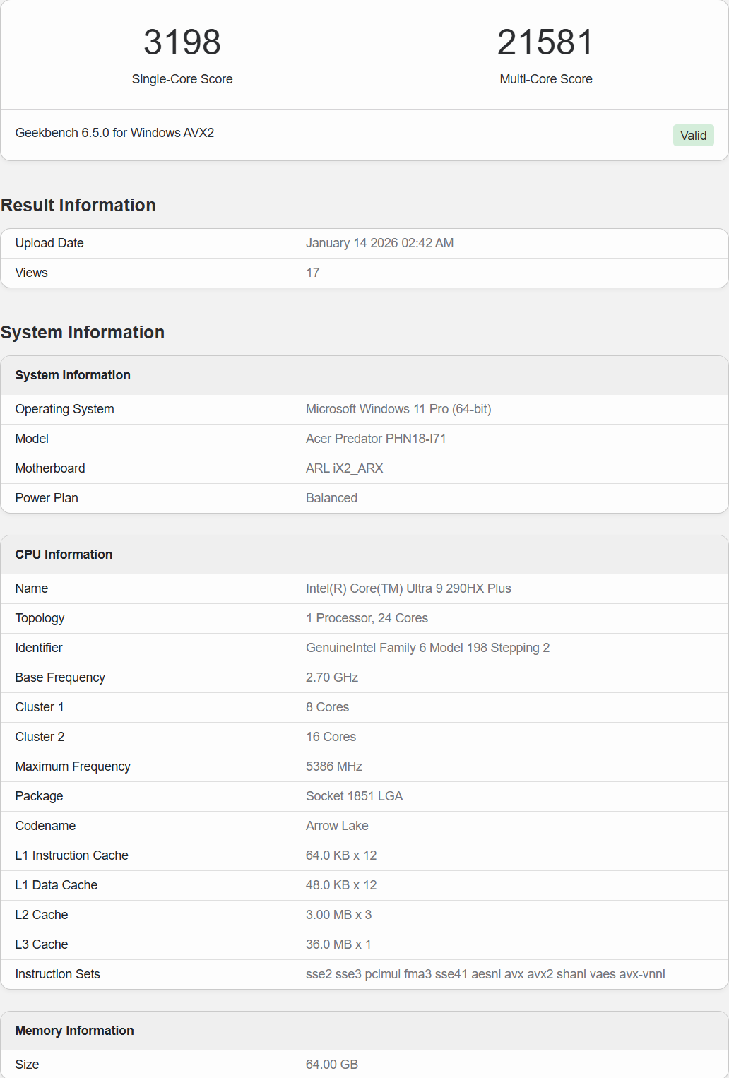 Benchmark Geekbench 6.5.0 du processeur Intel Core Ultra 9 290HX Plus avec des scores de 3198 en single-core et 21581 en multi-core.