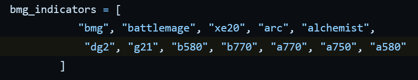 A code snippet in Python shows a list variable named 'bmg_indicators,' containing values like bmg, battlemage, xe20, and others related to Intel's Alchemist series.