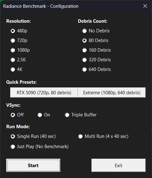 Fenêtre de configuration du 'Radiance Benchmark' affichant des options pour la résolution, le nombre de débris et le mode d'exécution.