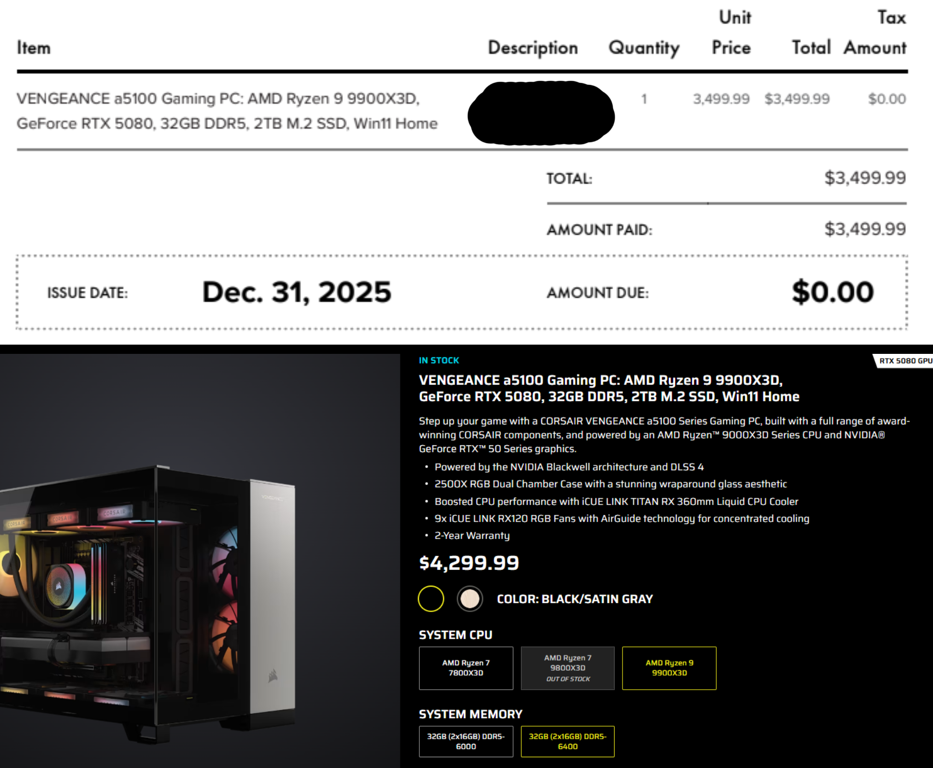 Un screenshot montre un PC de jeu Corsair Vengeance a5100 avec AMD Ryzen 9 9900X3D, GeForce RTX 5080, 32 Go DDR5, SSD M.2 de 2 To, au prix de 3 499,99 €, avec un affichage de stock à 4 299,99 €.