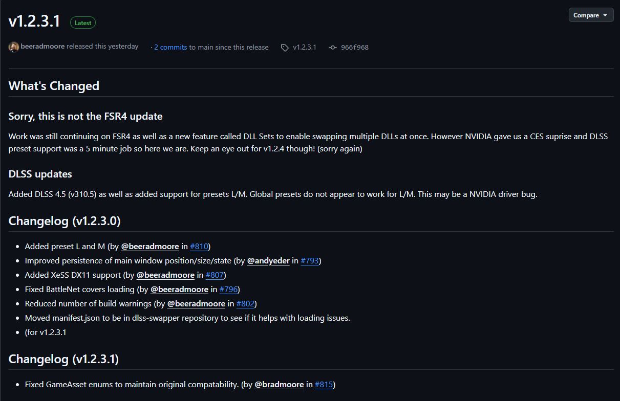 Changelog pour la version 'v1.2.3.1', mettant en avant les mises à jour DLSS et le support des préréglages L/M.