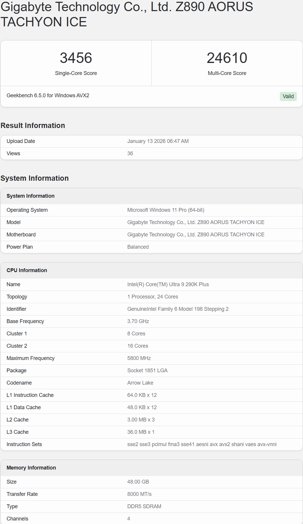 Résultats Geekbench 6.5.0 avec un score mono-cœur de 3456 et un score multi-cœur de 24610 pour le processeur Intel Core Ultra 9 290K Plus avec 24 cœurs et mémoire DDR5.