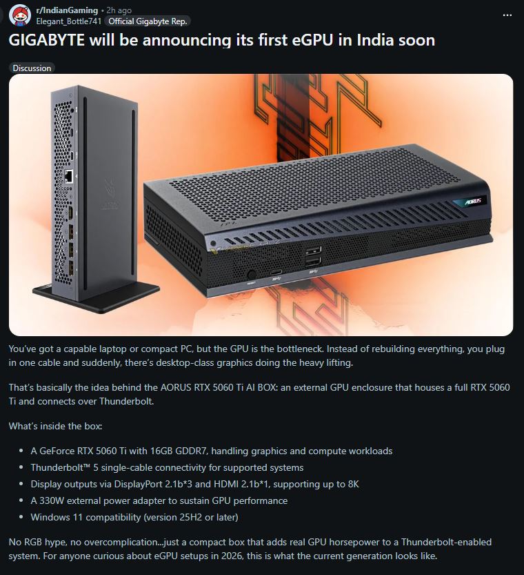 Un appareil étiqueté AORUS RTX 5060 Ti AI BOX est présenté devant un arrière-plan orange avec ports et logo visibles.