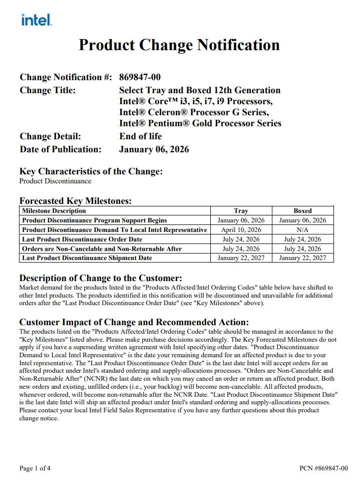 Notification de changement de produit Intel sur la fin de vie des processeurs Core i3 de 12e génération