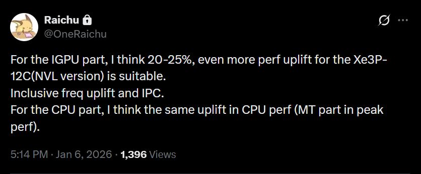 Tweet de @OneRaichu sur les performances attendues, notant une augmentation de 20-25% pour l'IGPU Xe3P-12C.