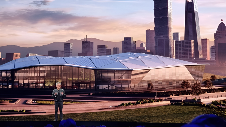 Présentation sur scène devant un bâtiment futuriste avec un skyline.