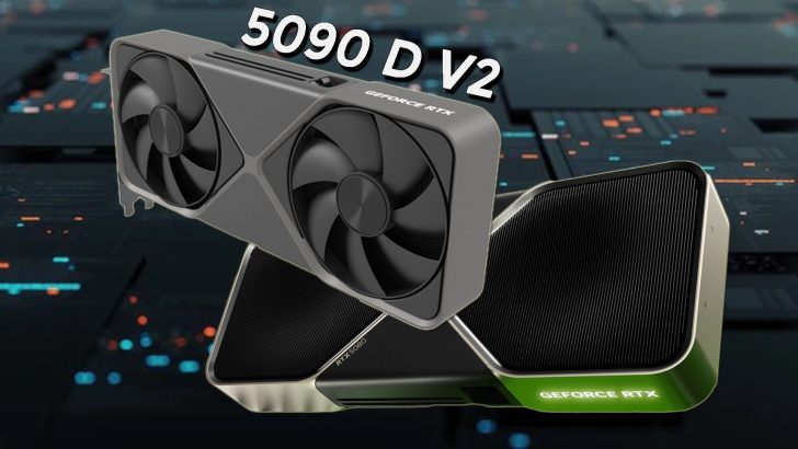 Carte graphique GeForce RTX 5090 D V2 avec un fond technologique futuriste.
