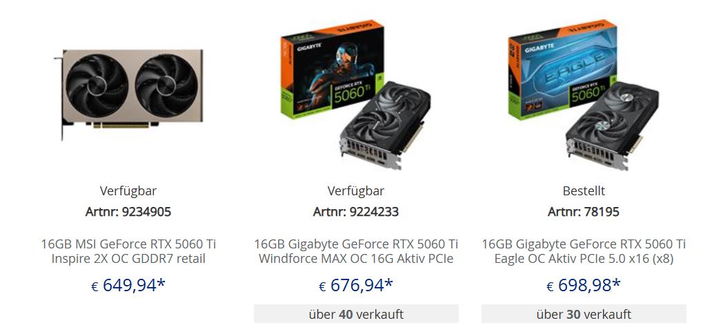 Cartes graphiques : RTX 5060 Ti 16 Go à 649,94 €.