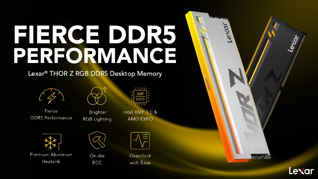 Le kit de mémoire Lexar THOR Z RGB DDR5 Desktop avec des caractéristiques telles que 'Performance DDR5 Intense', 'Éclairage RGB Plus Brillant', 'Intel XMP 3.0 & AMD EXPO', et 'Overclocking Facile.'
