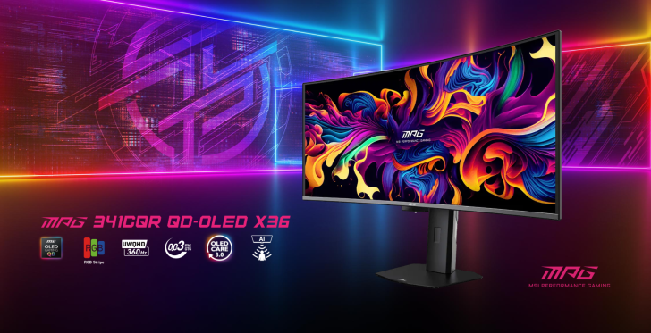 Le moniteur MSI MPG 341CQR QD-OLED X36 avec des couleurs vives, précisant les spécifications 'UWQHD 360Hz' et '0,03 ms GTG'.