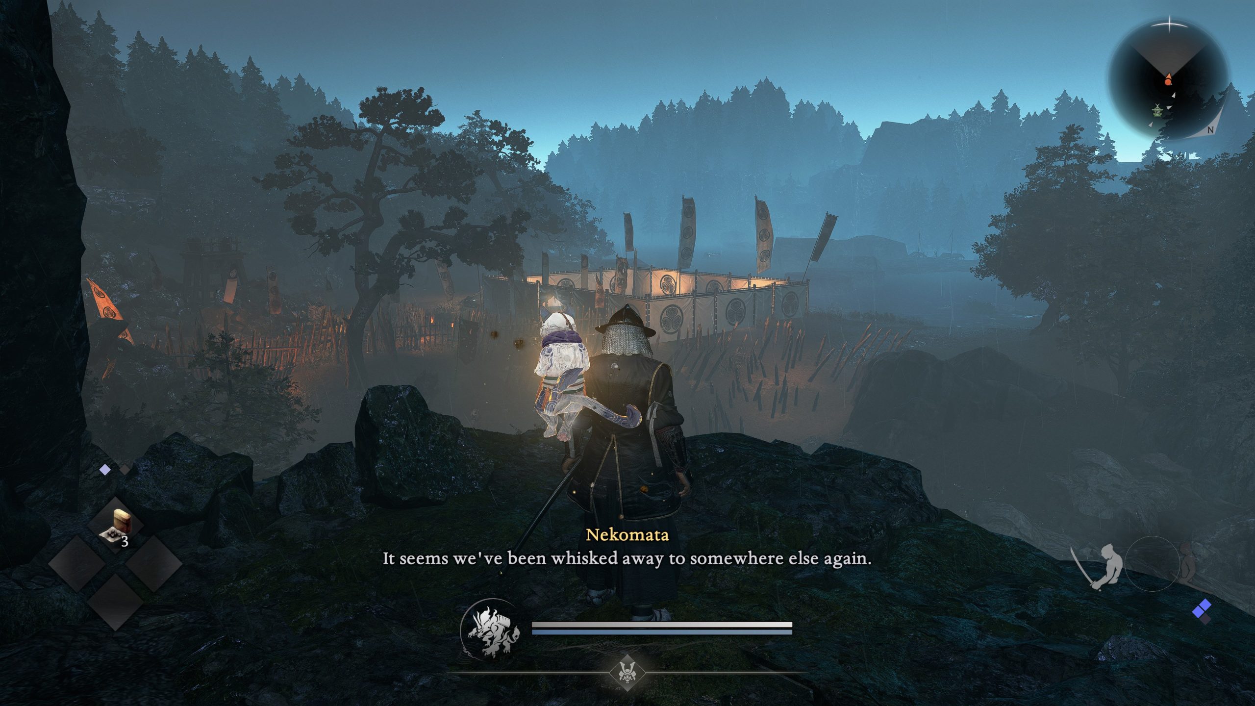 Un personnage dans un paysage sombre de Nioh 3 observe une structure illuminée