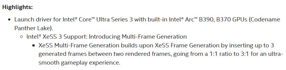 Une diapositive présente les 'Points Forts' concernant le pilote lancé pour la série Intel Core Ultra 3 avec Intel Arc intégré