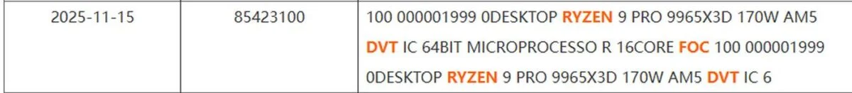 Listing du AMD Ryzen Pro 9954X3D dans le manifeste d'expédition.