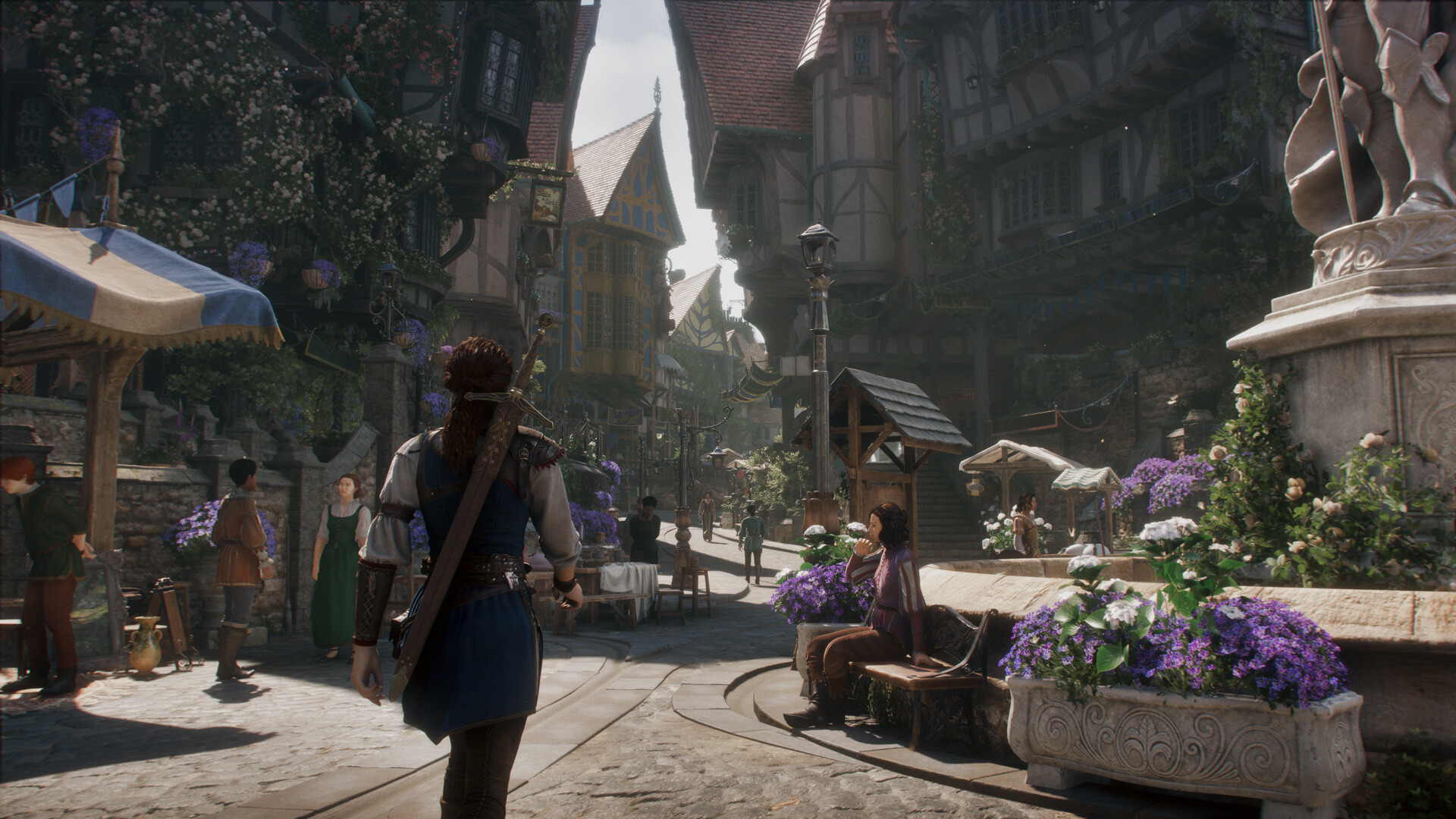 Un personnage avec une épée explore une rue médiévale dans Fable