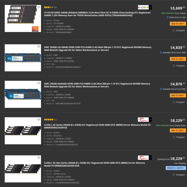 A webpage shows a list of five different RAM module products with details including brand names V-Color, OWC, and G.SKILL, various DDR5 speeds, capacities, prices in USD, and 'add to cart' options.