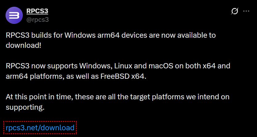 Annonce de RPCS3 pour les versions ARM64 de Windows, supportant différents systèmes d'exploitation.