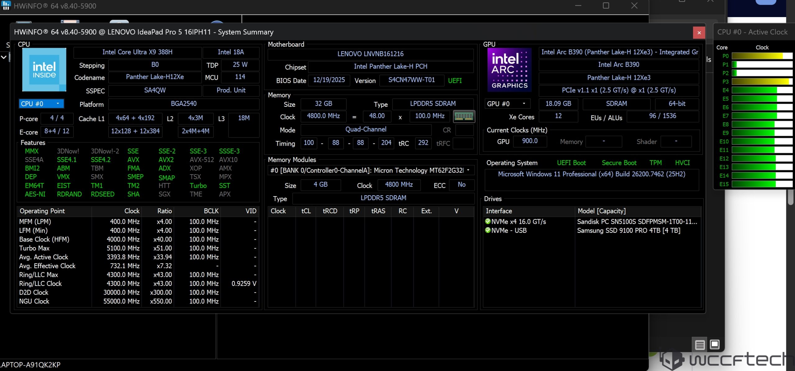 Résumé système HWiNFO montrant un processeur Intel Core Ultra X9 388H et un GPU Arc B390 dans un Lenovo IdeaPad Pro 5.