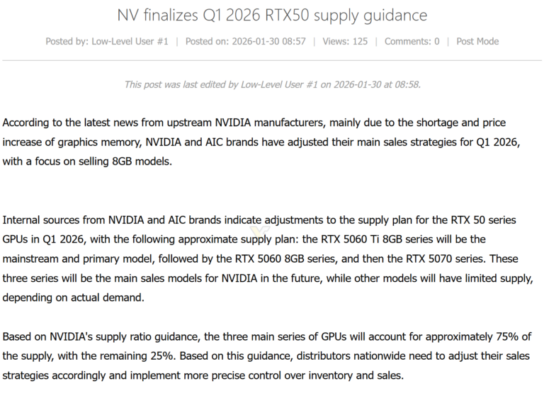 A text document titled 'NV finalizes Q1 2026 RTX50 supply guidance' outlines NVIDIA's strategies for RTX 50 series GPUs