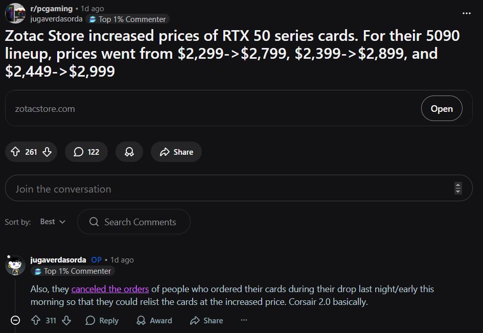 Un post Reddit sur r/pcgaming rapporte que la boutique Zotac a augmenté les prix des cartes de la série RTX 50, mentionnant spécifiquement des hausses.
