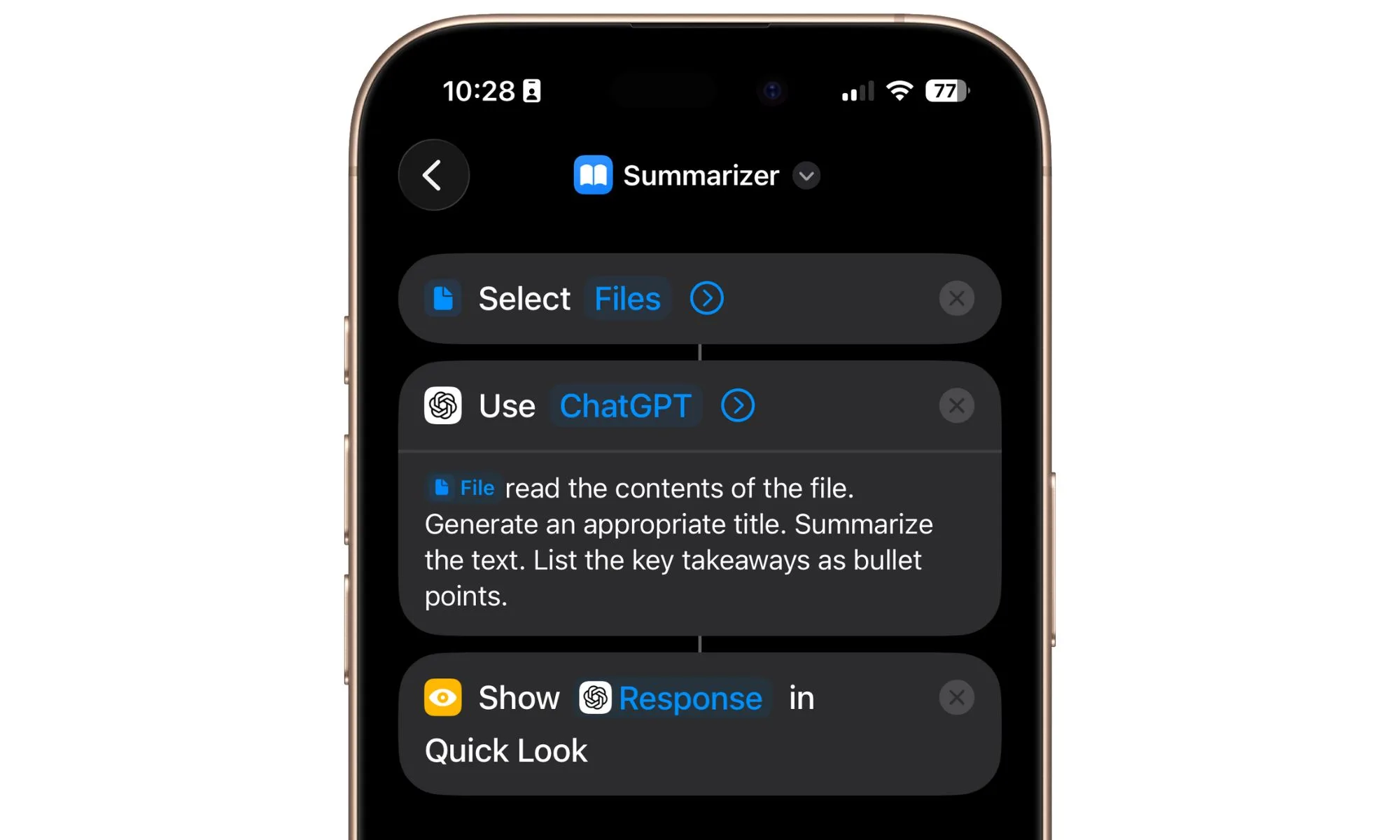 Configuration d'un raccourci sur iPhone 17 Pro.