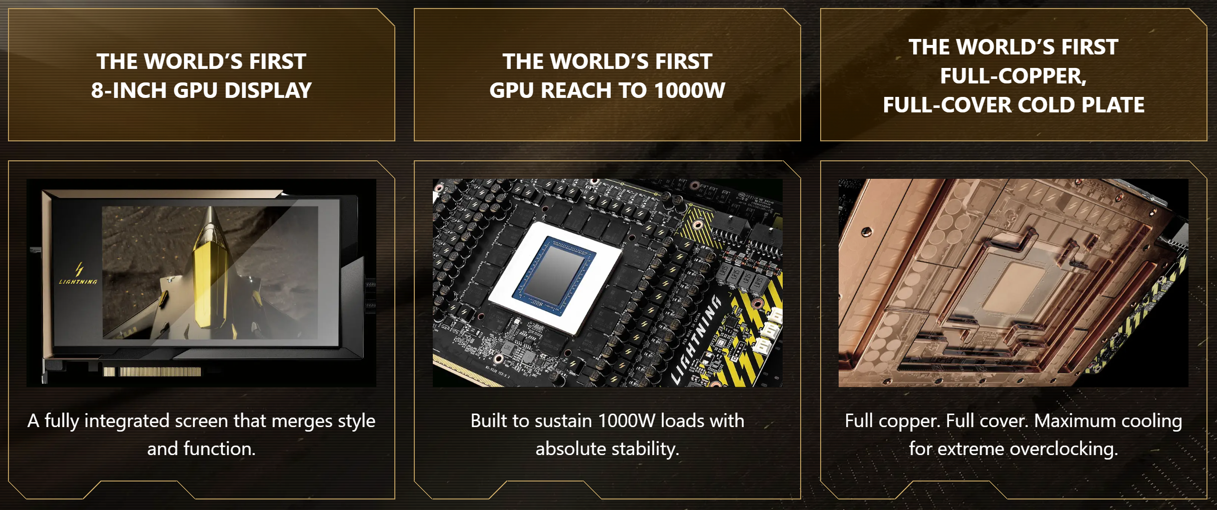 Un composant 'Lightning' avec un affichage de GPU de 8 pouces, une capacité de 1000W, et une plaque froide en cuivre pour un overclocking extrême.